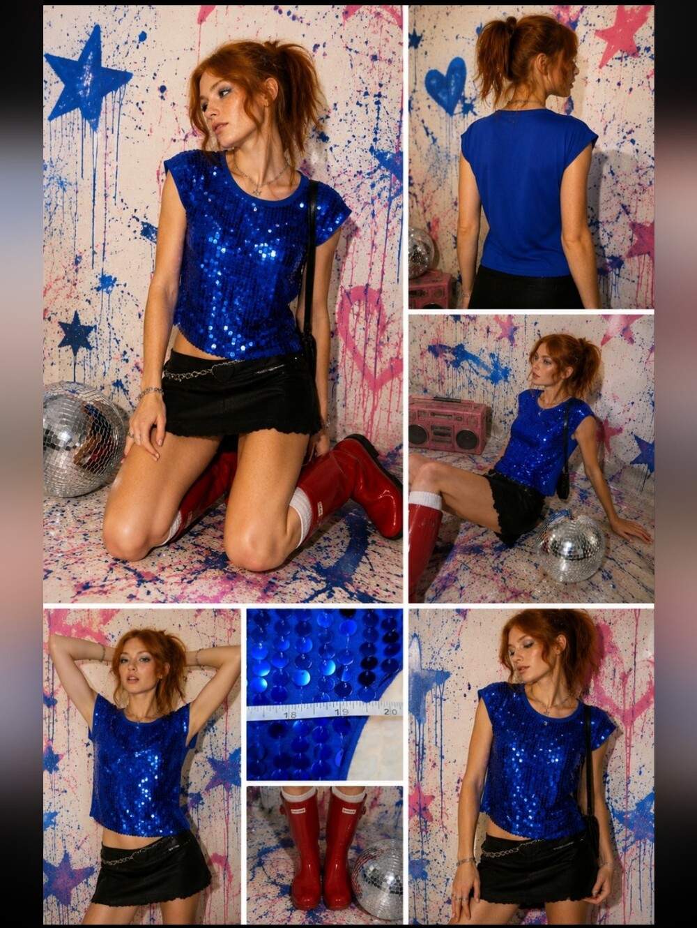 BONGO Electric Blue Sequin Short Sleeve Top – Size M